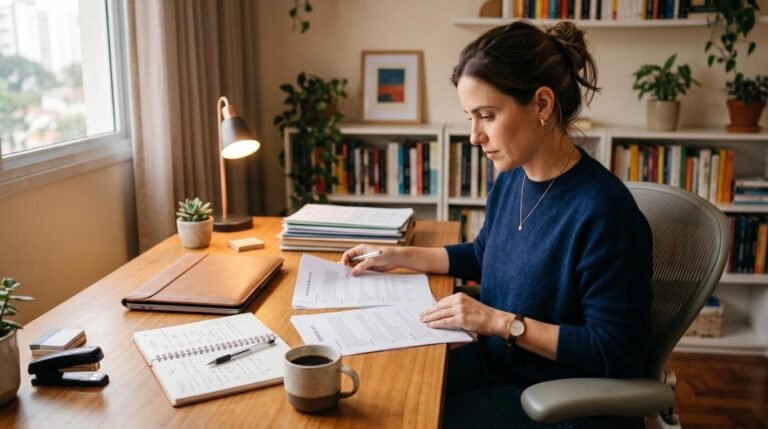 Pessoa lendo documentos e anotando informações para registrar uma reclamação com base no Código de Defesa do Consumidor