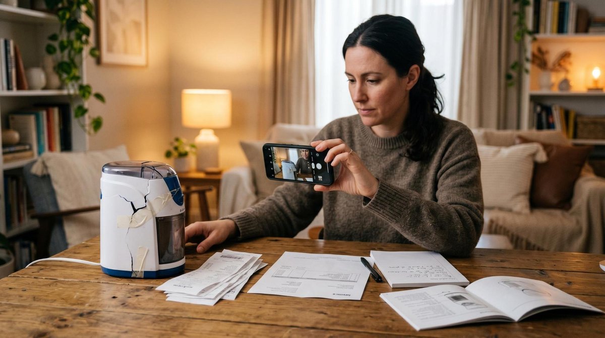 Uma pessoa fotografando um produto com defeito usando smartphone, com notas fiscais, comprovantes e documentos organizados sobre a mesa, em um ambient