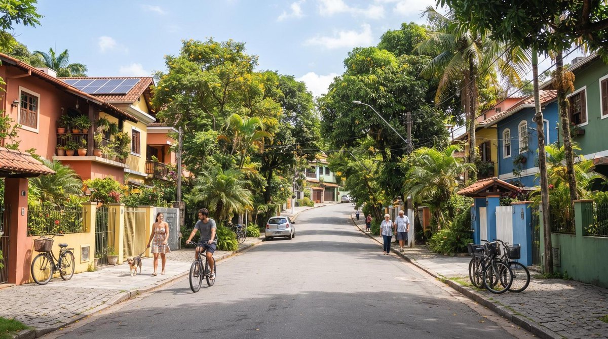 Cena ampla de uma rua residencial brasileira em dia ensolarado, mostrando elementos de vida sustentável como bicicletas estacionadas, casas com painéi