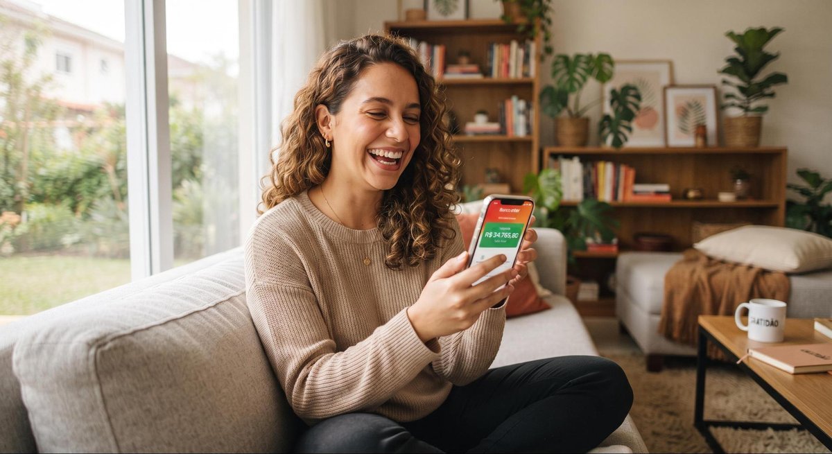 Pessoa sorrindo ao visualizar o crescimento do saldo em um aplicativo de finanças no celular