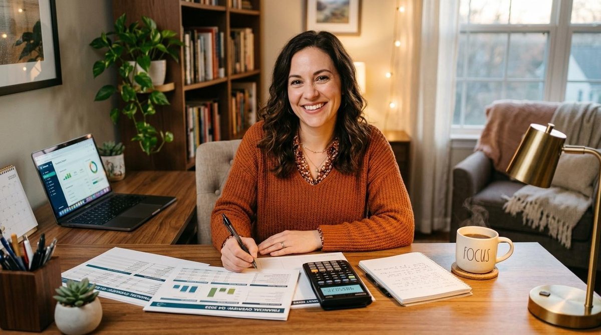 Uma pessoa adulta com expressão de satisfação e motivação, sentada em uma mesa de trabalho organizada com documentos financeiros, calculadora e uma xí