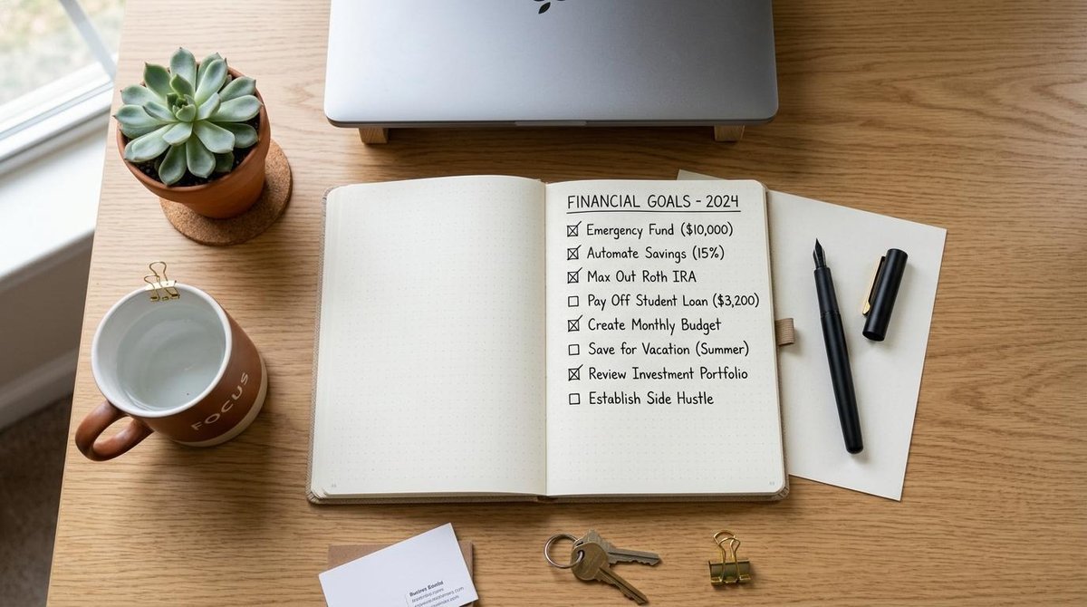 Visão de cima de uma mesa organizada com um caderno aberto contendo uma lista de metas financeiras com checkmarks, caneta e pequenos elementos decorat