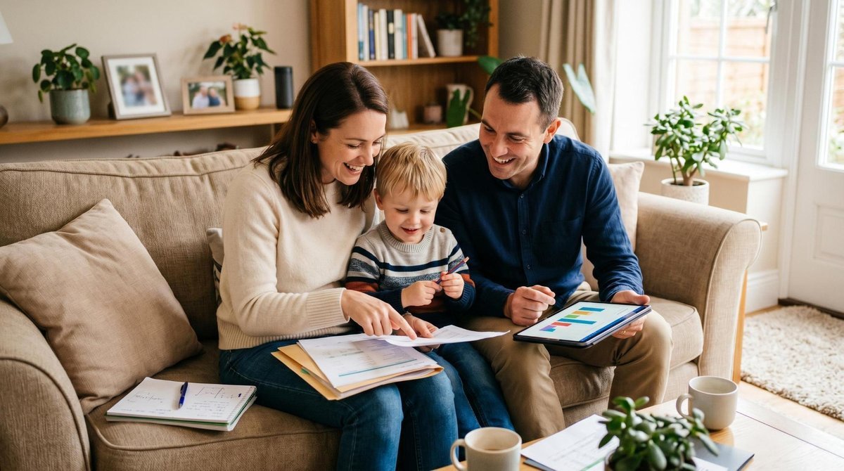 Um casal sorridente com seu filho pequeno sentados juntos no sofá, olhando para documentos e um tablet, representando o planejamento financeiro famili