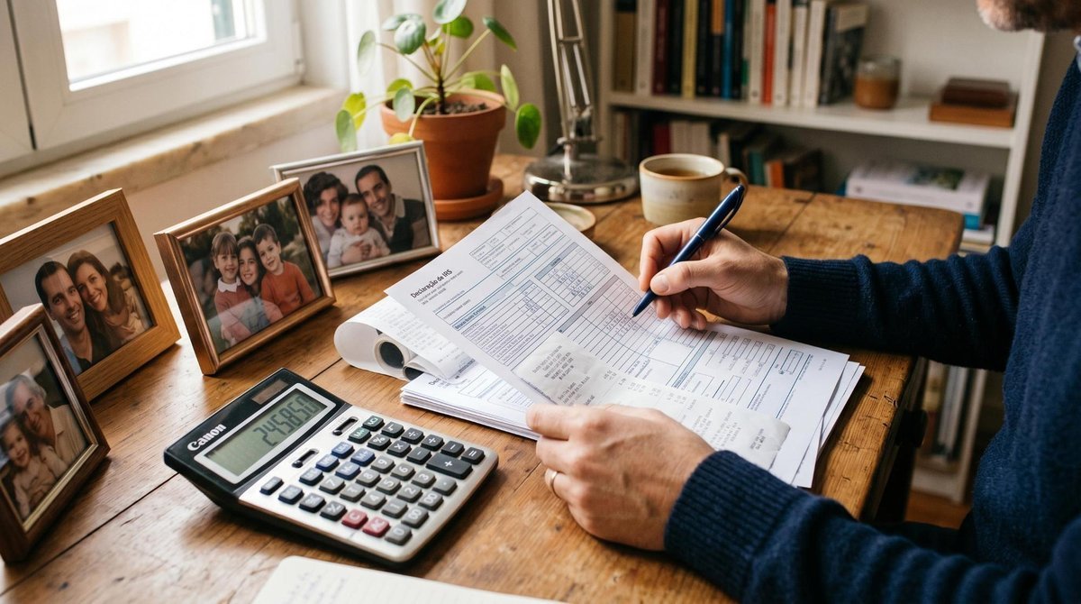 Mãos de uma pessoa segurando uma caneta e analisando documentos fiscais ao lado de fotos de família e uma calculadora, em um ambiente de trabalho com