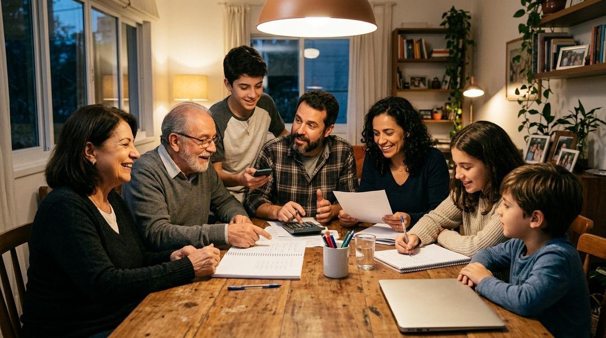 Família reunida em volta de uma mesa revisando contas e despesas compartilhadas da casa