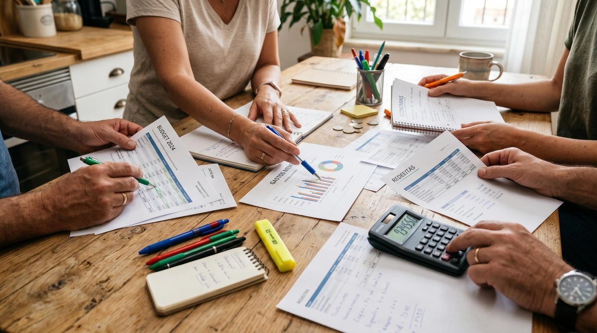 Várias mãos adultas segurando documentos e anotações financeiras sobre uma mesa de madeira clara, com canetas coloridas e uma calculadora ao lado, rep