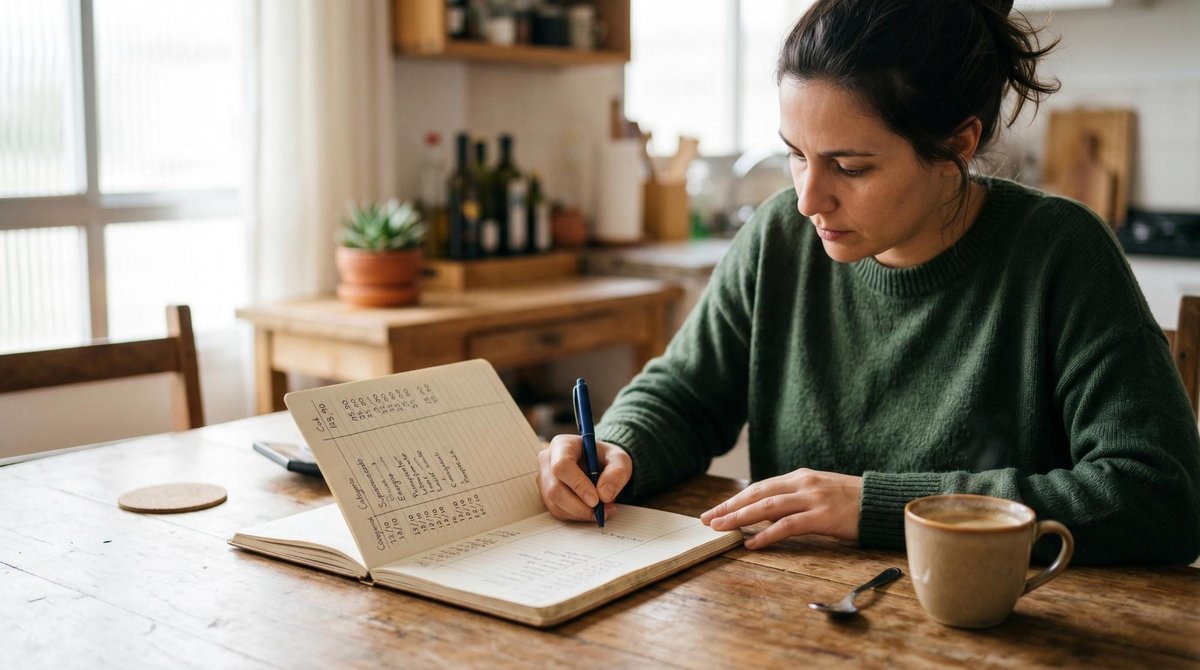 Uma pessoa adulta anotando despesas em um caderno aberto sobre uma mesa de cozinha, com categorias de gastos organizadas em colunas e uma xícara de ca