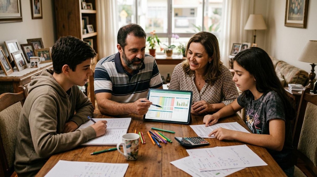 Família sentada à mesa revisando planilha de orçamento doméstico para economizar com filhos na adolescência