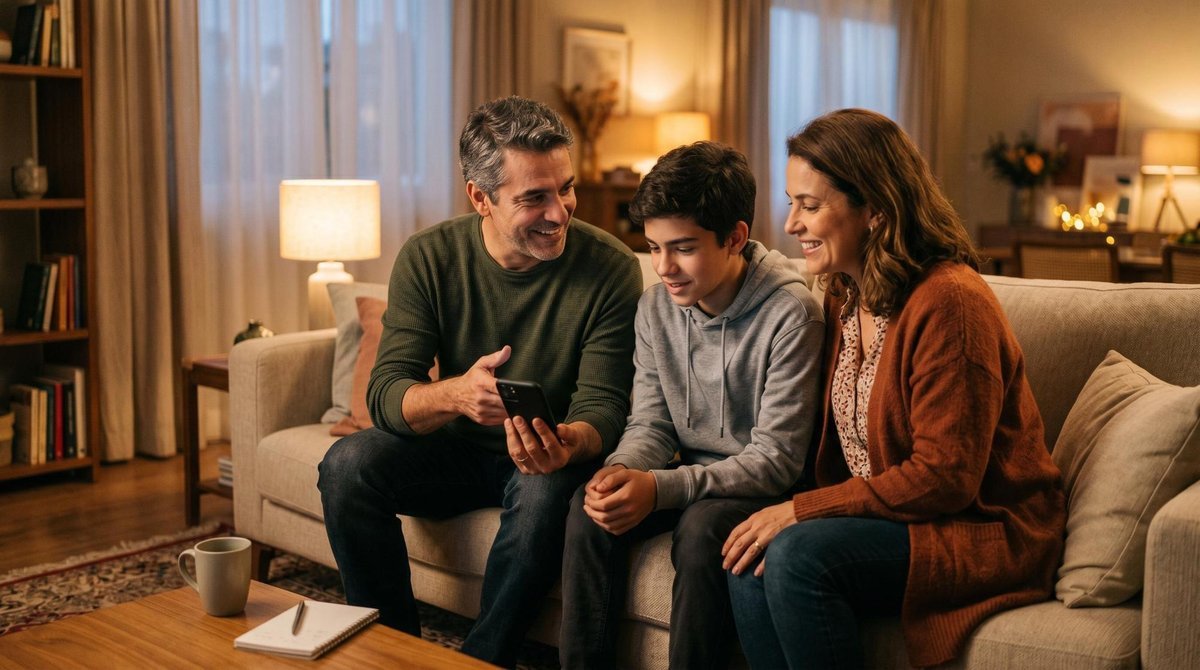 Como economizar com filhos na adolescência: estratégias para o orçamento familiar 3 Pais e filho adolescente conversando de forma tranquila enquanto olham juntos para uma tela de celular na sala, em ambiente doméstico confortável com