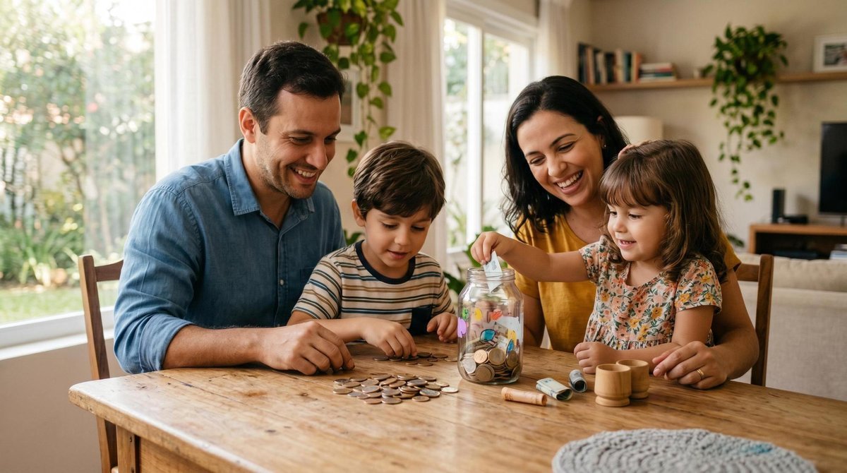 Criança e adulto sentados à mesa contando moedas juntos como parte de uma atividade de educação financeira infantil