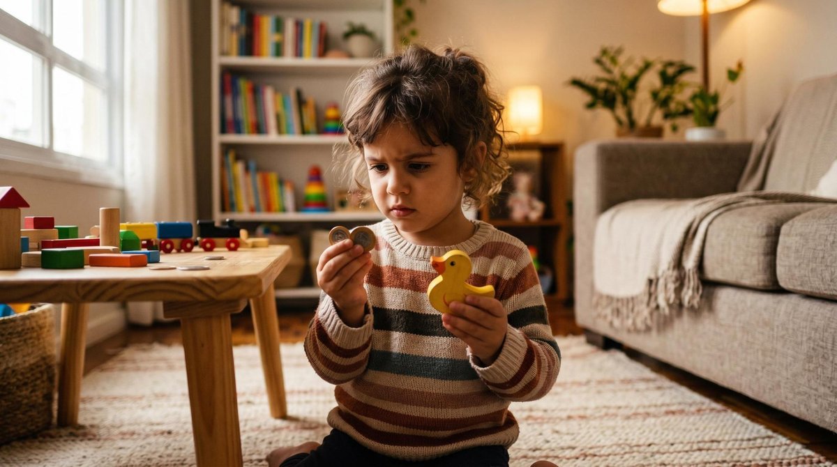 Criança de quatro anos com expressão concentrada segurando duas moedas em uma mão e um brinquedo pequeno na outra, simbolizando a decisão de escolha e