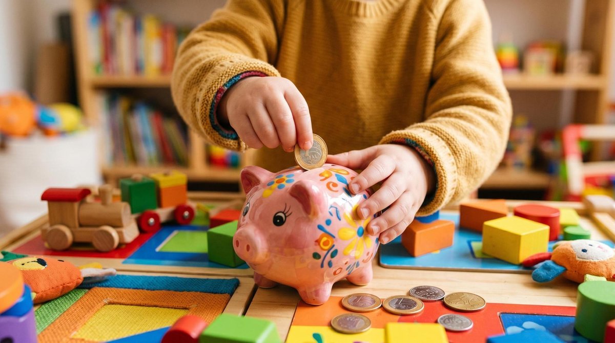 Mãos pequenas de uma criança depositando moedas em um cofre de porquinho de cerâmica sobre uma superfície de brinquedo, representando a introdução lúd