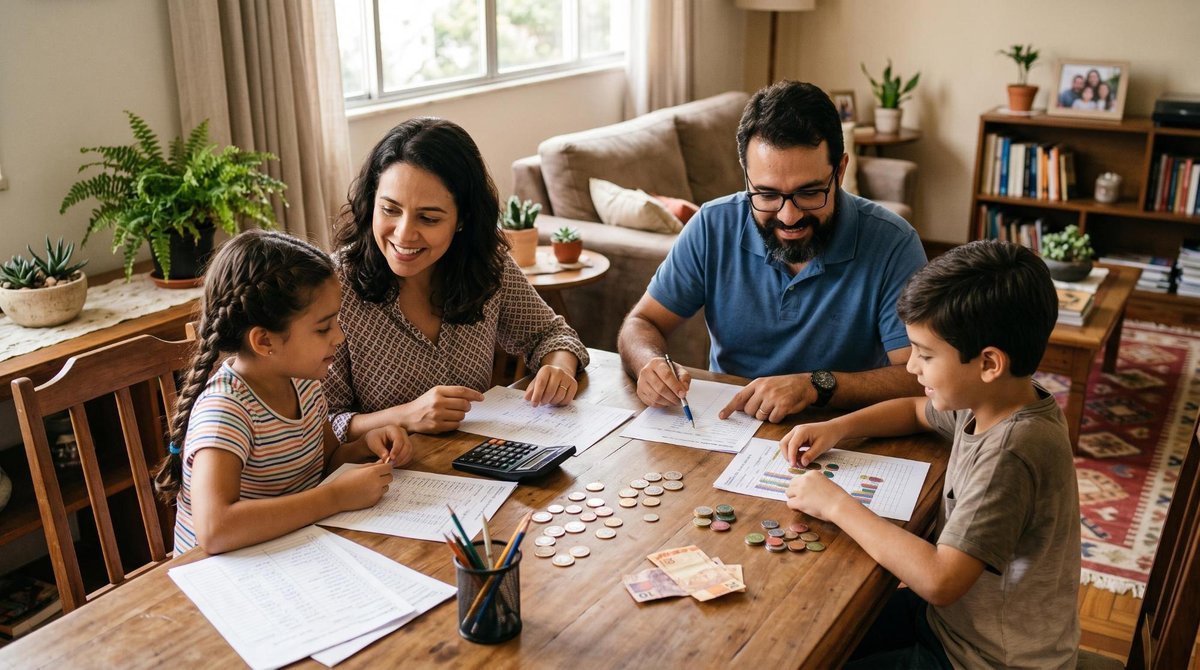 Família sentada à mesa conversando sobre planejamento financeiro doméstico com papéis e calculadora à vista