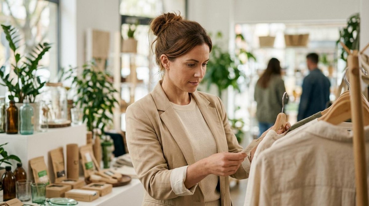 Pessoa analisando rótulo de produto em loja para verificar certificações de sustentabilidade