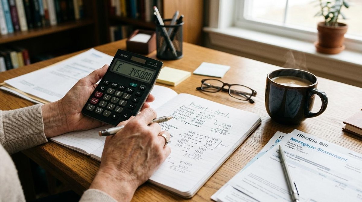 Mãos adultas segurando uma calculadora e anotações sobre uma mesa de escritório organizada, com uma xícara de café ao lado, luz natural suave, represe