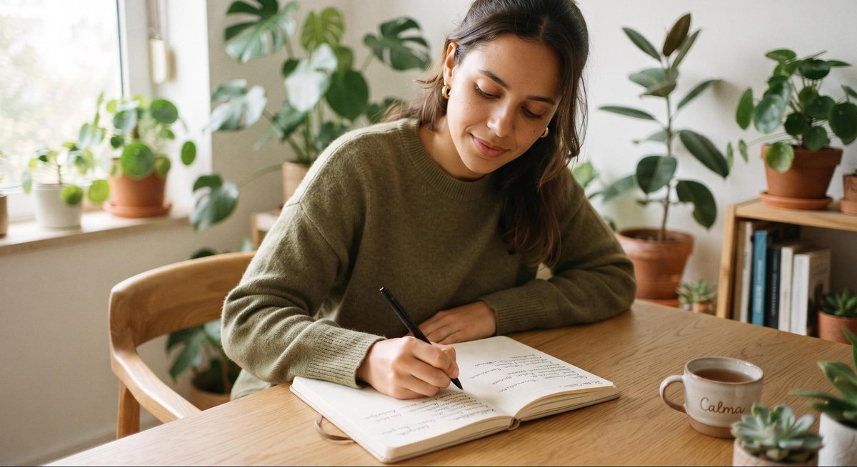 Uma pessoa escrevendo em um caderno aberto sobre uma mesa de madeira clara, com expressão calma e concentrada, ambiente tranquilo com plantas ao fundo