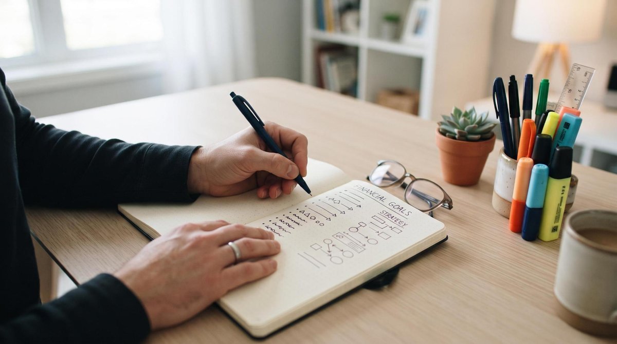 Mãos de uma pessoa anotando objetivos em um caderno aberto sobre uma mesa de escritório limpa, com canetas coloridas e marcadores organizados ao lado,