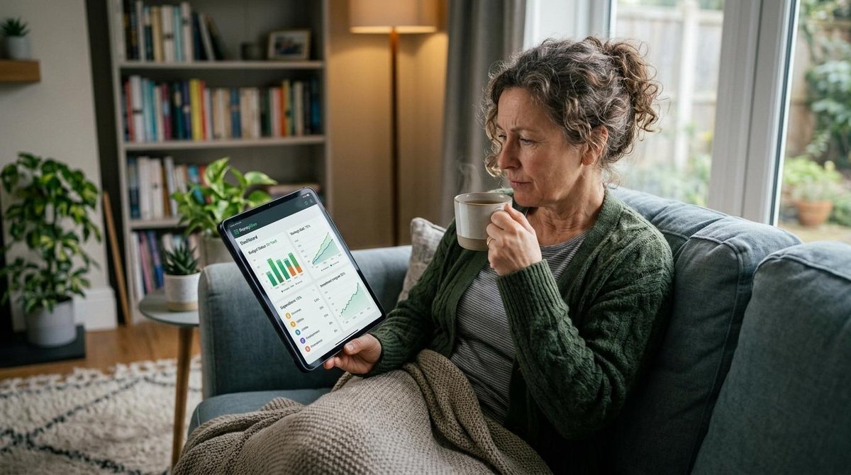 Uma pessoa em ambiente doméstico tranquilo, sentada em um sofá com uma xícara de chá, olhando pensativamente para um tablet que exibe um aplicativo de