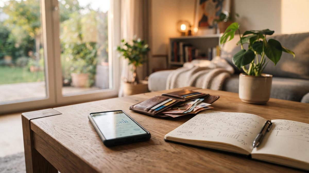 Um smartphone sobre uma mesa de café ao lado de uma carteira aberta e anotações, ambiente residencial moderno e aconchegante com luz suave de final de