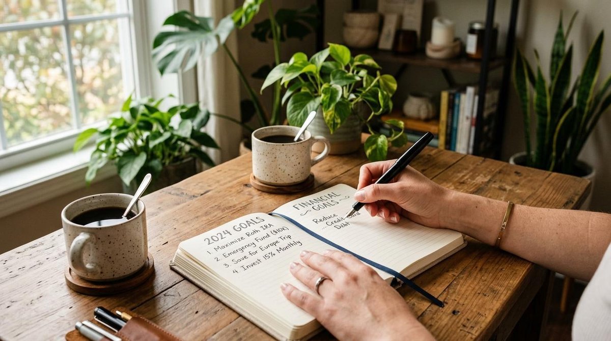 Mãos anotando metas financeiras em um caderno aberto sobre uma mesa limpa de madeira, com xícara de café ao lado e plantas decorativas ao fundo, atmos