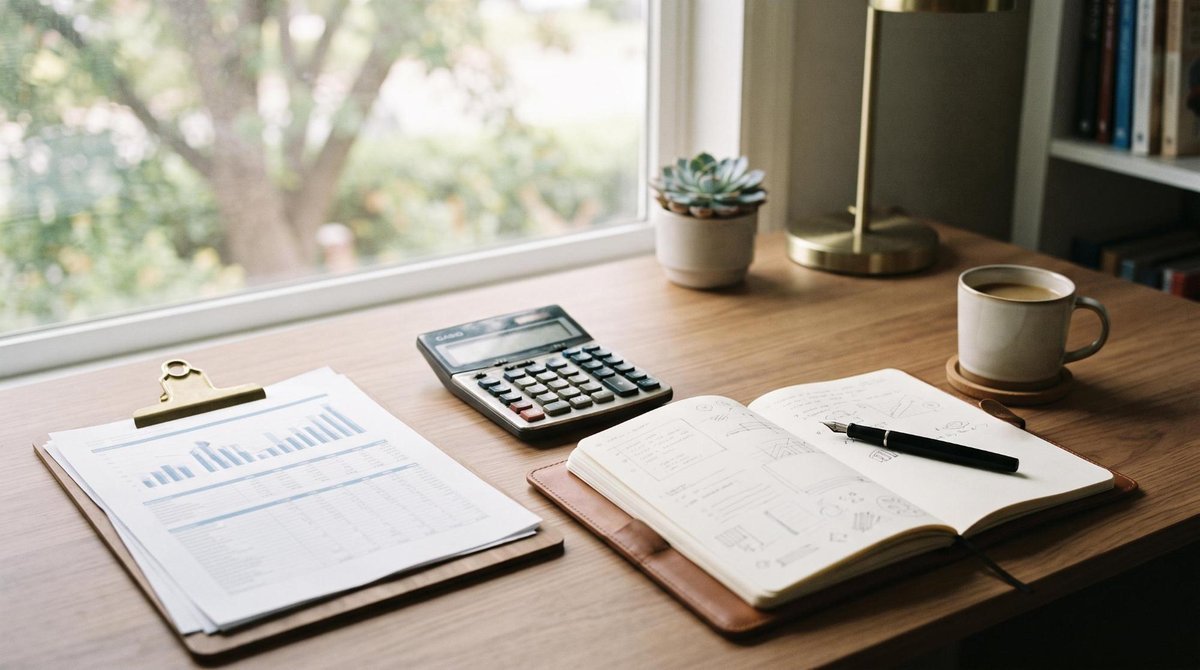 Mesa de trabalho organizada com documentos financeiros, uma calculadora e um caderno aberto para anotações, banhada por luz natural que entra suavemen