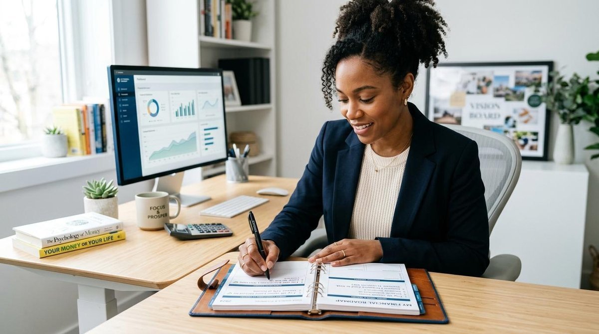 Uma pessoa escrevendo metas em um planner de planejamento financeiro com expressão concentrada e confiante, em um ambiente limpo e moderno que transmi