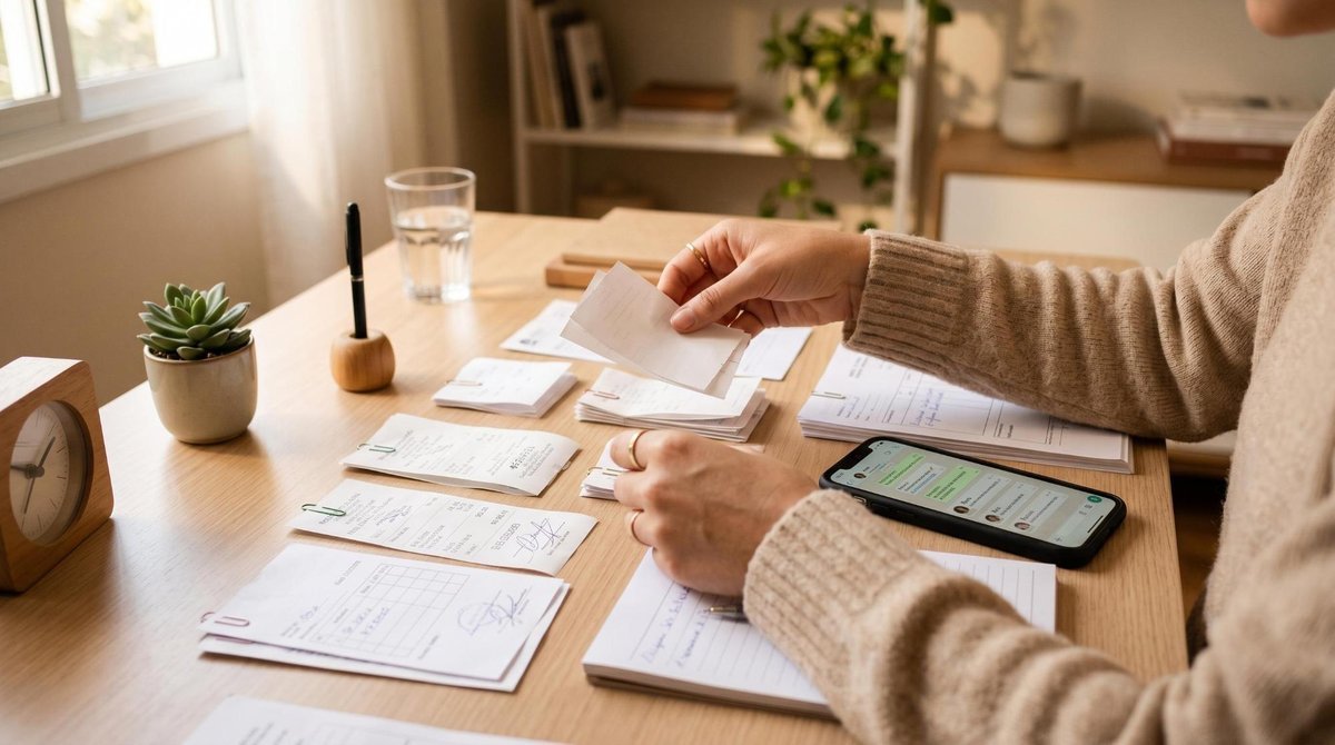 Como reclamar no Reclame Aqui de forma efetiva: guia com passo a passo completo 2 Mãos de uma pessoa organizando documentos sobre uma mesa de escritório limpa e minimalista, incluindo notas fiscais, comprovantes de pagamento e smart