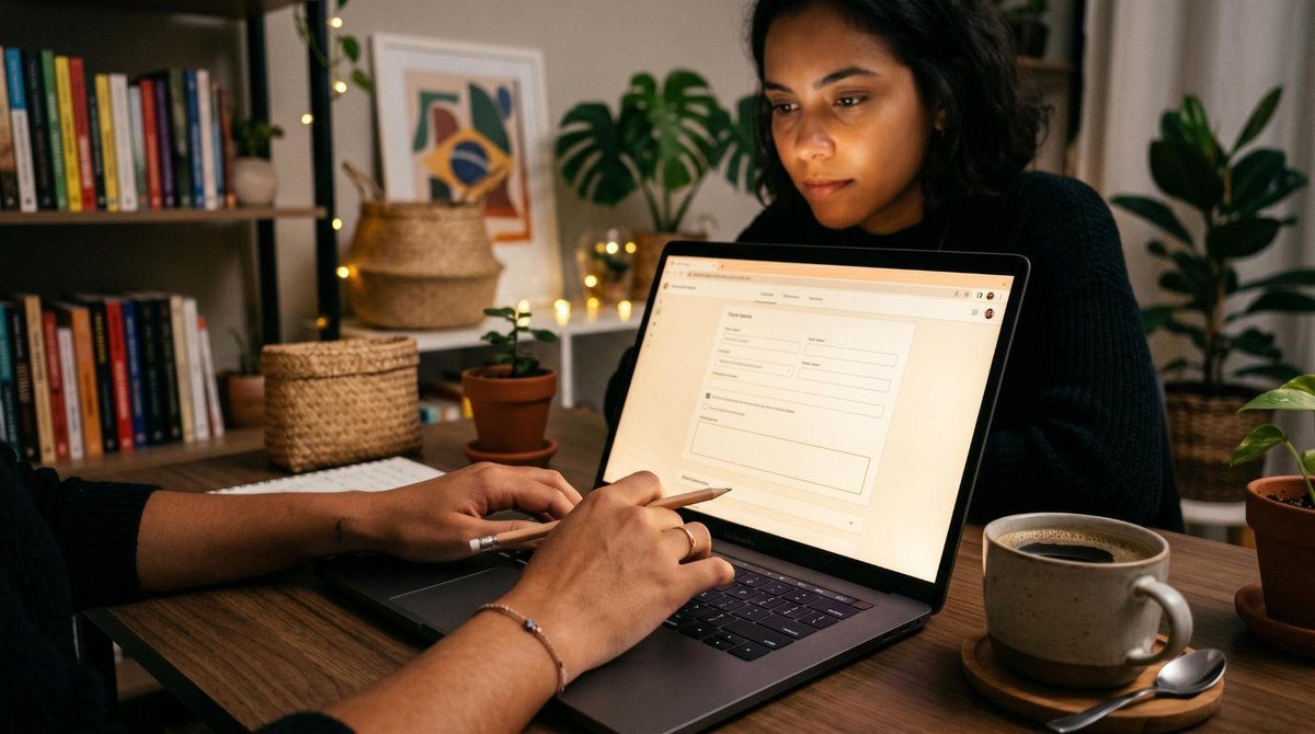 Como reclamar no Reclame Aqui de forma efetiva: guia com passo a passo completo 3 Primeiro plano das mãos de uma pessoa preenchendo um formulário digital em um notebook, com uma xícara de café ao lado e a tela iluminando o rosto foc