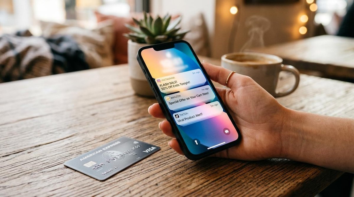 Mão segurando um smartphone iluminado com notificações em uma mesa, ao lado de um cartão de crédito, representando gatilhos digitais e compras por imp