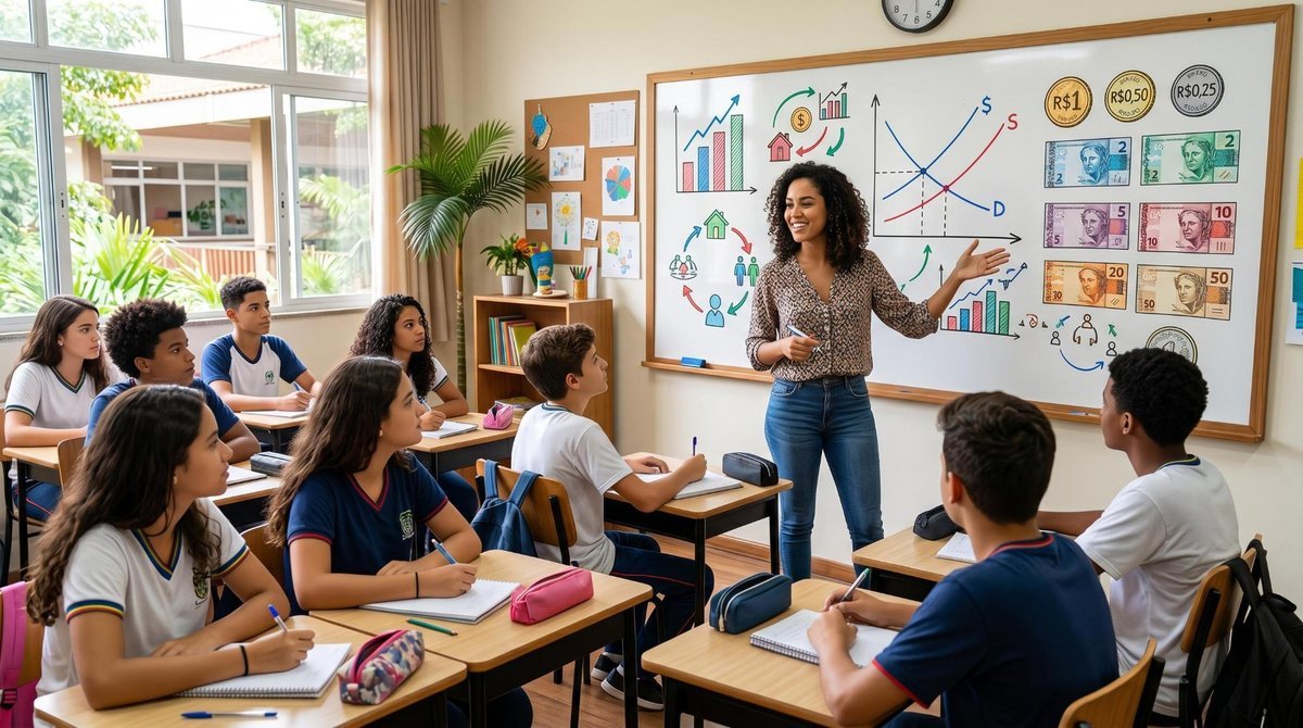 Estudante consultando materiais sobre planejamento financeiro em sala de aula, com caderno aberto e expressão concentrada