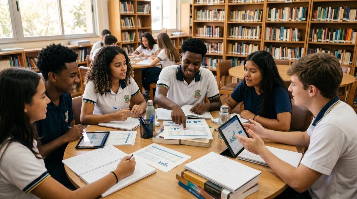 Educação financeira nas escolas brasileiras: como funciona e o que muda na prática 2 Grupo diversificado de estudantes brasileiros do ensino médio reunidos em mesa circular na biblioteca escolar, analisando planilhas de orçamento e dis