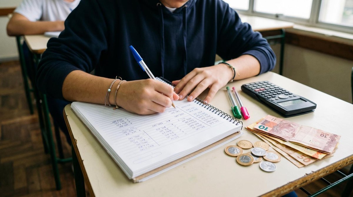 Educação financeira nas escolas brasileiras: como funciona e o que muda na prática 3 Mãos de estudante adolescente escrevendo cálculos de planejamento financeiro em caderno aberto sobre carteira escolar, com moedas e cédulas brasileira