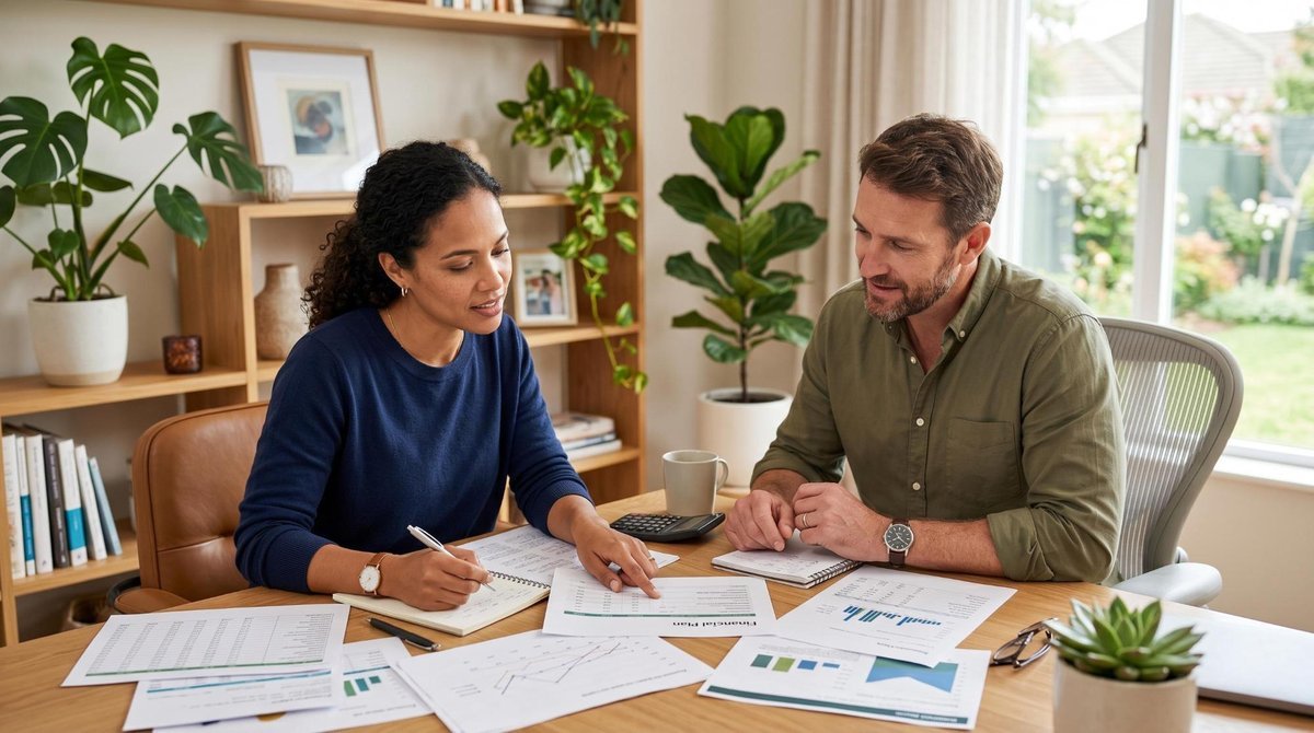 Duas pessoas olhando para documentos e anotações sobre a mesa, representando perfis financeiros diferentes em discussão respeitosa, ambiente de escrit