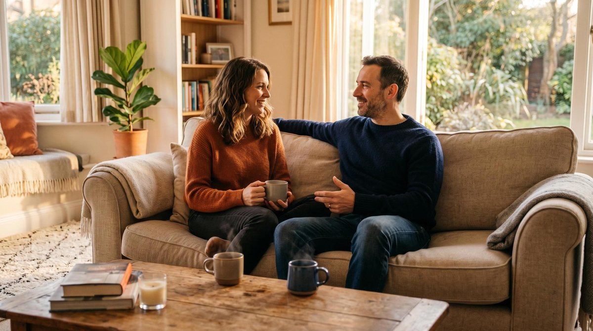Casal conversando calmamente no sofá da sala com xícaras de café sobre a mesa de centro, ambiente acolhedor com iluminação dourada de fim de tarde, ex