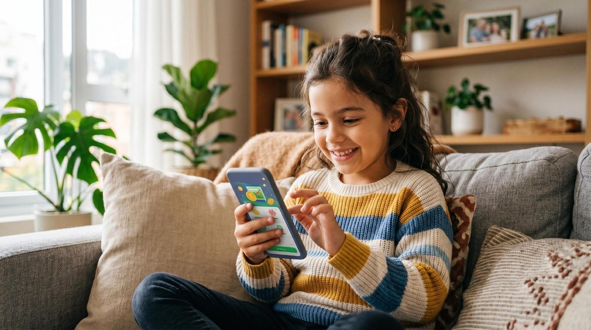Criança explorando aplicativo de educação financeira em tablet com supervisão de adulto responsável