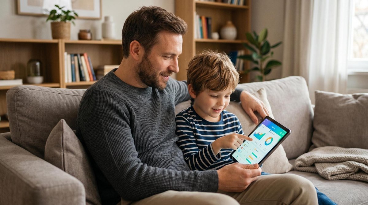 Adulto e criança sentados lado a lado em um sofá confortável, observando juntos um tablet que exibe uma interface de conta digital colorida, em um mom