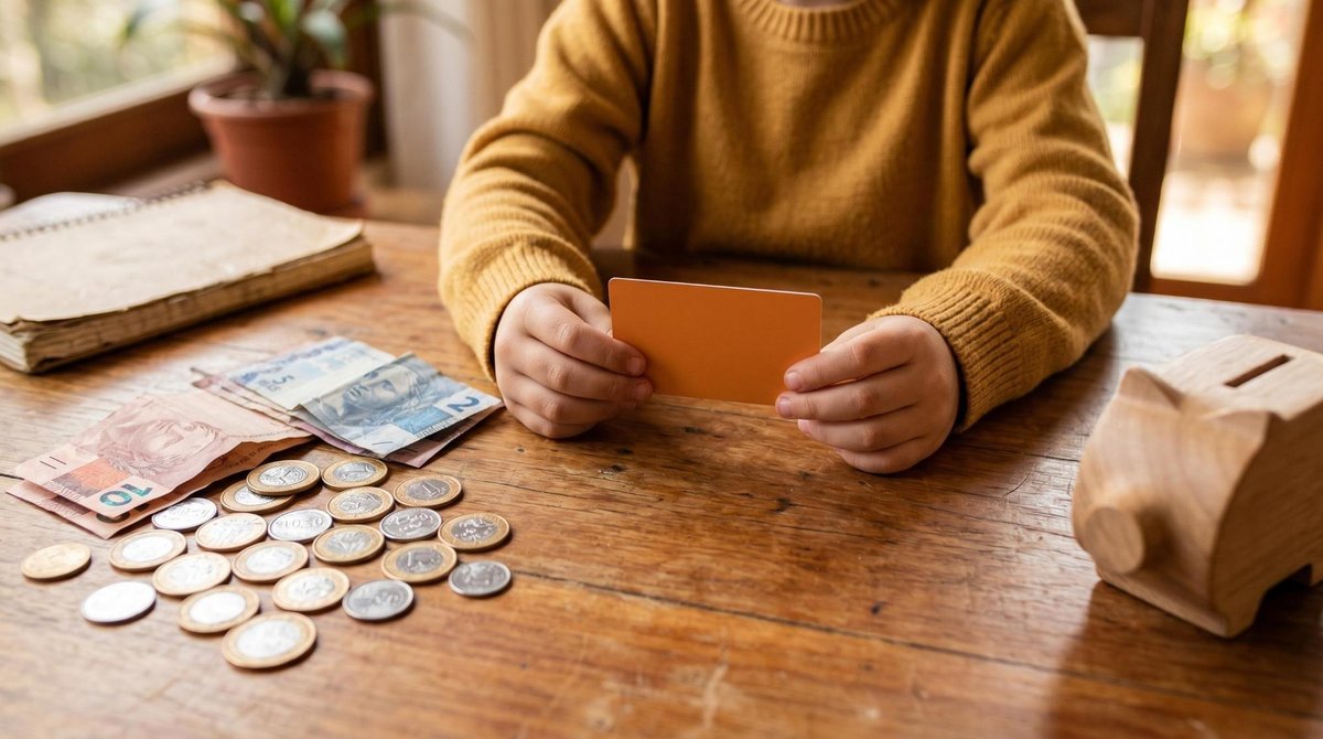 Mãos de uma criança segurando um cartão de débito pré-pago sobre uma mesa, com moedas e notas ao lado representando a transição entre o dinheiro físic