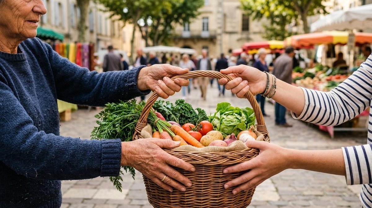 Close-up das mãos de uma pessoa entregando uma cesta de legumes para outra, em um gesto de solidariedade, com o fundo desfocado sugerindo uma feira ou