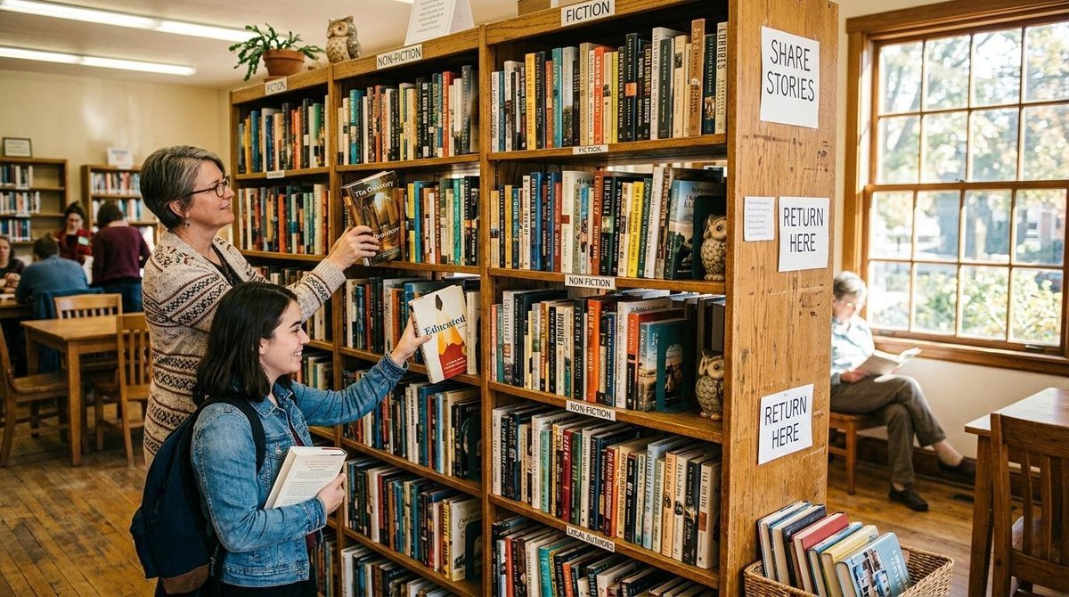 Uma estante de madeira repleta de livros em uma biblioteca comunitária, com luz natural entrando pela janela, representando a circulação de conhecimen