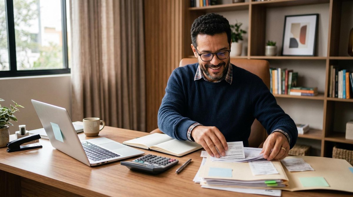 Pessoa consultando documentos financeiros em um computador para verificar obrigatoriedade de declarar imposto de renda