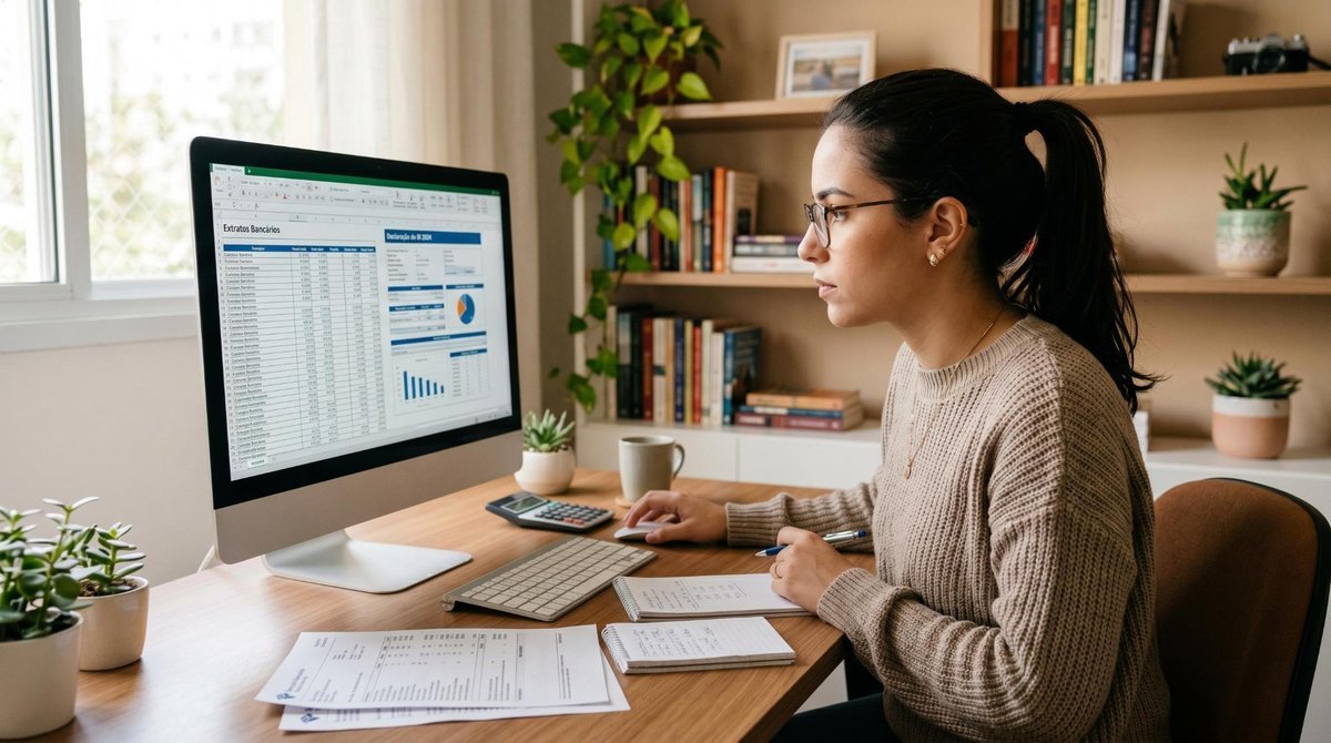 Pessoa concentrada analisando extratos bancários e formulários no monitor do computador em um ambiente doméstico organizado, representando o momento d