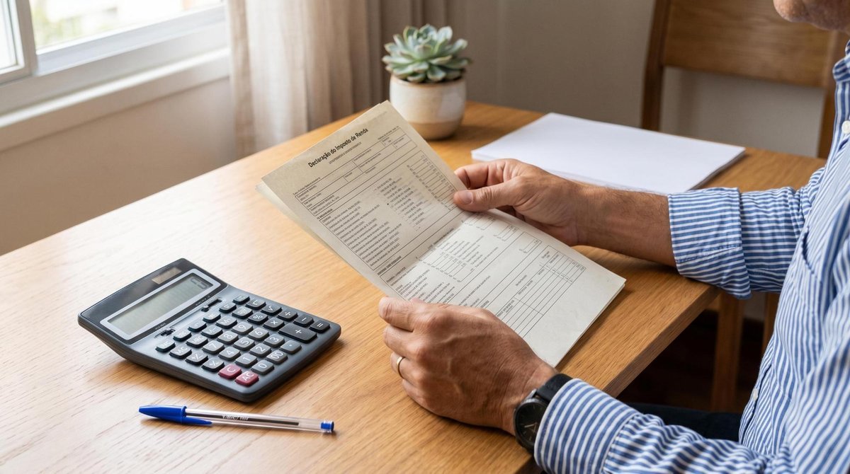 Mãos adultas segurando documento de restituição ao lado de calculadora e caneta sobre mesa de trabalho, representando a diferença entre declarar e pag