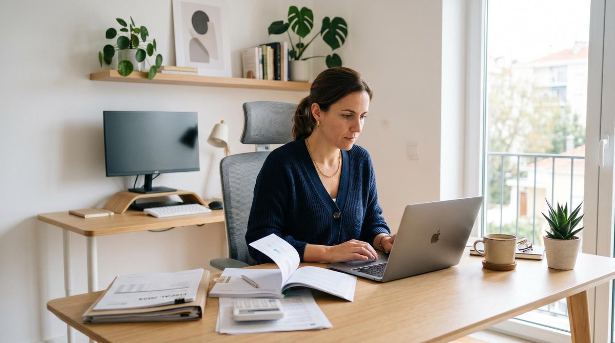 Pessoa adulta sentada em home office moderno consultando informações no laptop com documentos fiscais organizados sobre a mesa, xícara de café ao lado