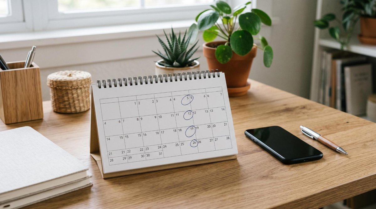 Calendário de mesa aberto com datas importantes marcadas em destaque, smartphone e caneta posicionados ao lado, ambiente de trabalho organizado com to