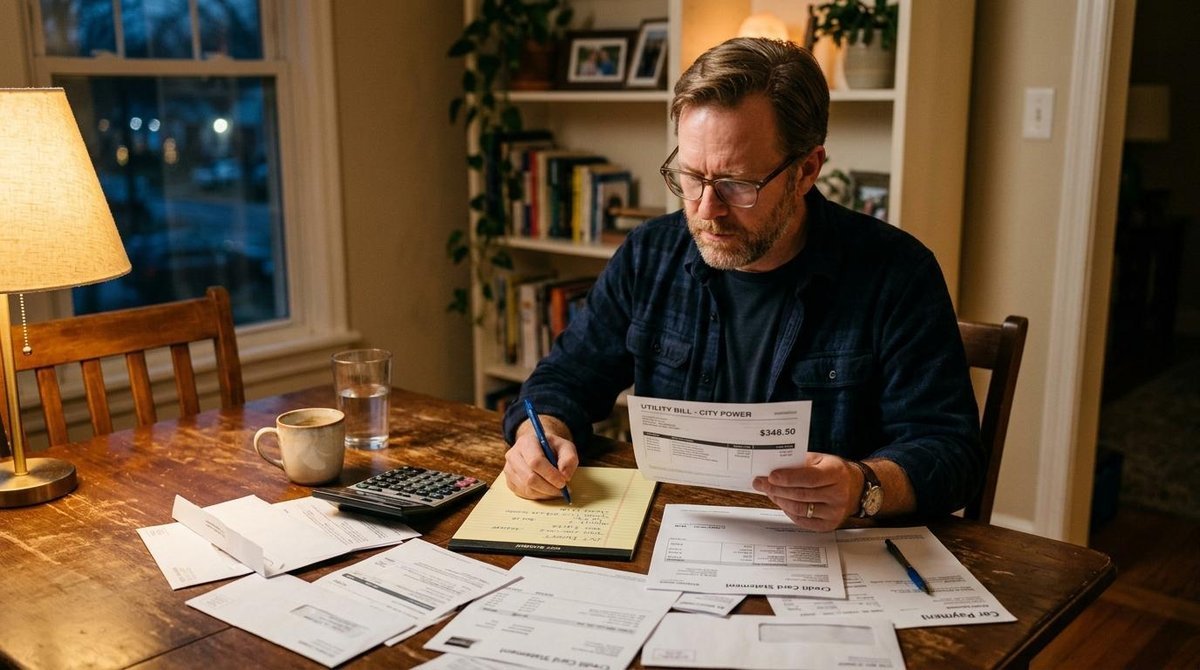 Homem revisando contas e faturas em uma mesa de jantar, com uma calculadora e notas, representando o comprometimento da renda e a busca por soluções,