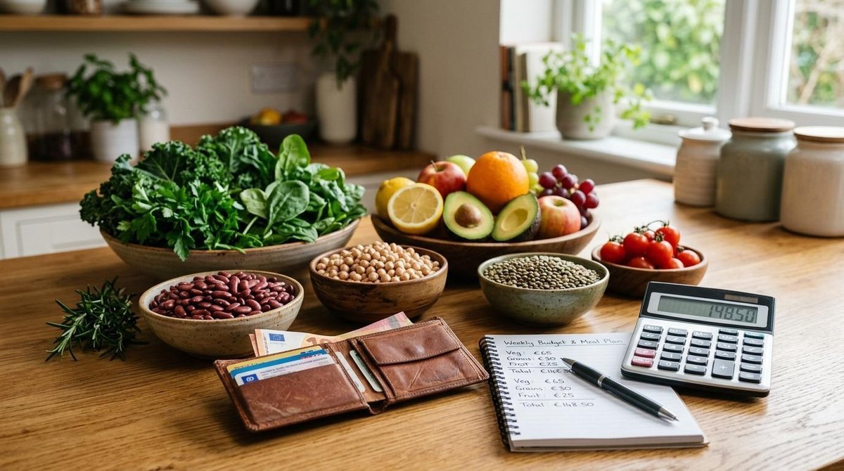 Pessoa comparando preços de produtos veganos e convencionais no supermercado com lista de compras na mão