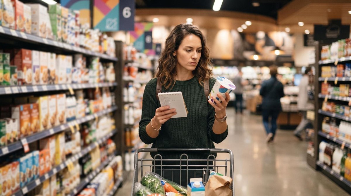 Veganismo e finanças: o que muda no orçamento ao adotar uma alimentação vegetal 2 Pessoa em um supermercado segurando uma lista de compras e comparando duas embalagens de produtos diferentes nas prateleiras, com expressão atenta e f