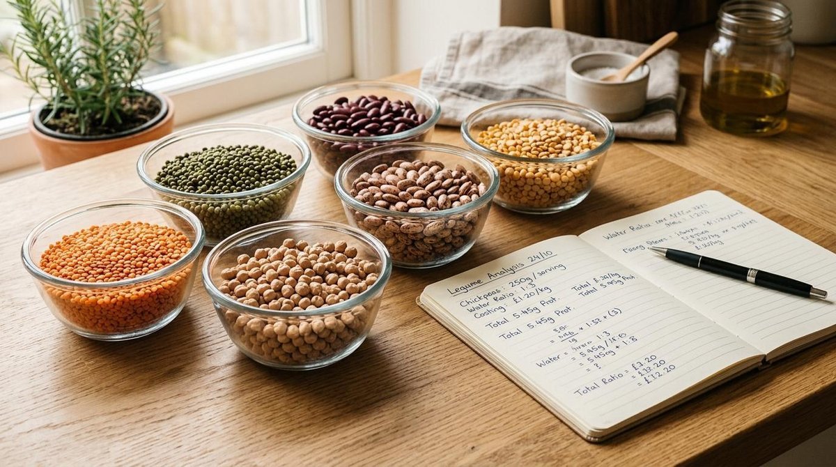 Veganismo e finanças: o que muda no orçamento ao adotar uma alimentação vegetal 3 Bacias de vidro com leguminosas variadas como feijão, lentilha e grão-de-bico dispostas sobre uma bancada de madeira clara, ao lado de um caderno de a