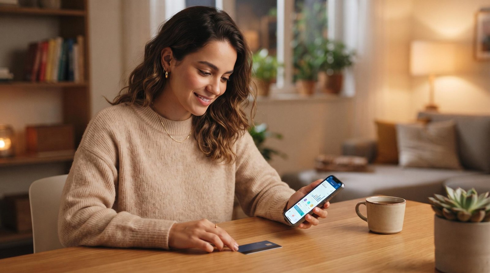 Pessoa segurando celular com app bancário aberto na seção de gerenciamento de cartão
