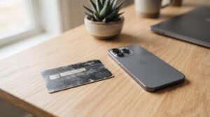 Um cartão de débito desgastado com arranhões visíveis ao lado de um smartphone moderno em uma mesa de madeira clara